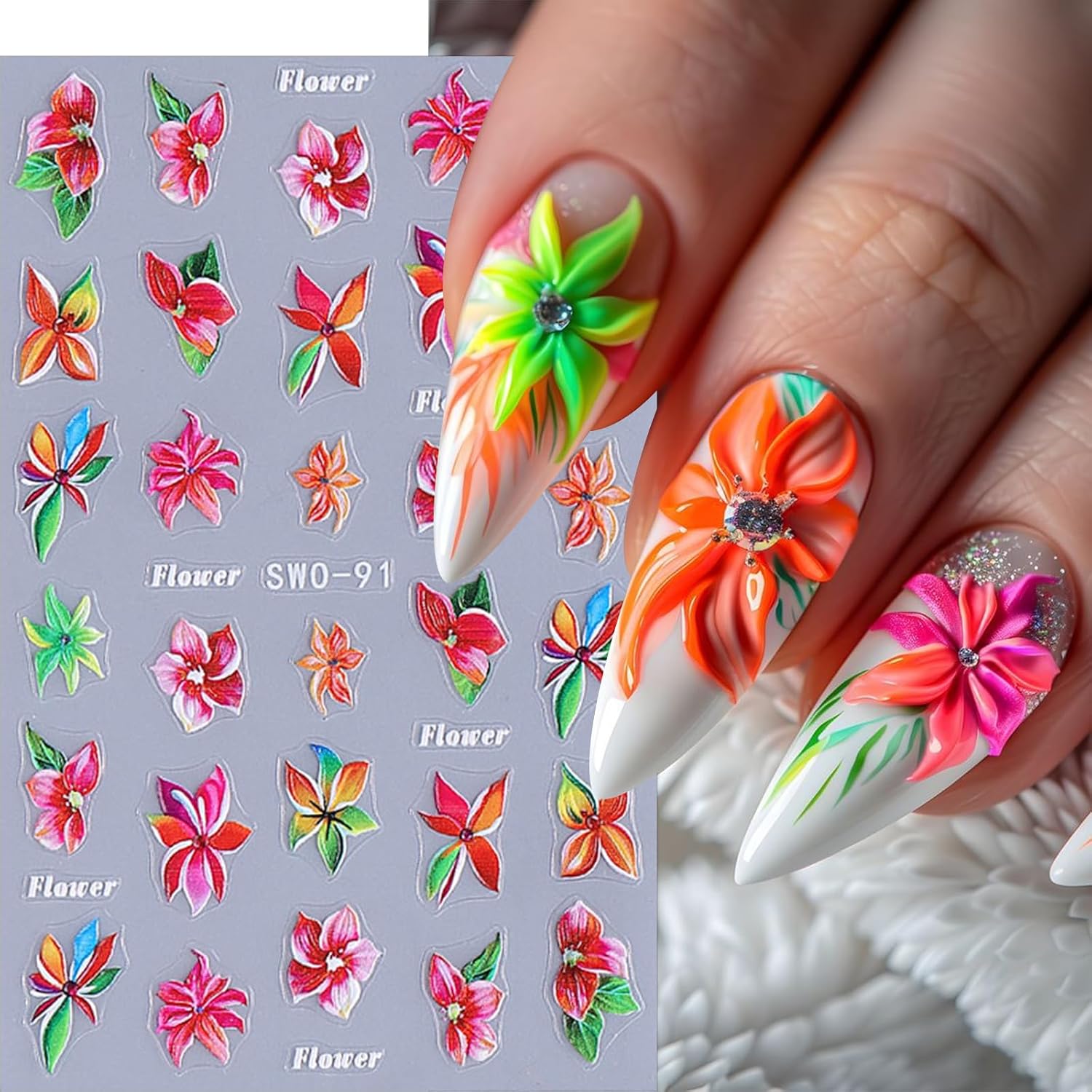 Tropical Flower Nail Stickers Summer Nail Decals 3PCS Self-Adhesive Red Pink Floral Sticker for Nails Summer Nail Art Supplies Leaf Flower Nail Manicure Accessories for Women Nail Art Decorations