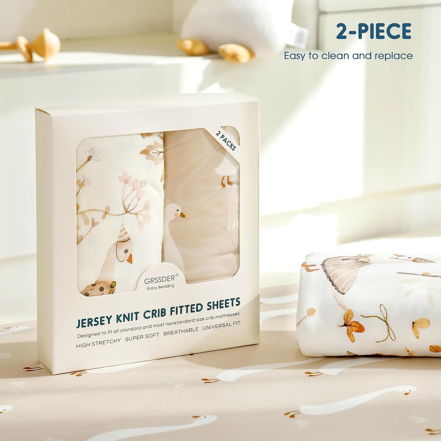 GRSSDER Ultra Soft Jersey Knit Crib Sheets 2 Pack, Stretchy Crib Mattress Sheet with Deep Pocket, Universal Fit Most Crib Pads Safe and Snug, Breathable Fitted Sheets for Baby, Duck