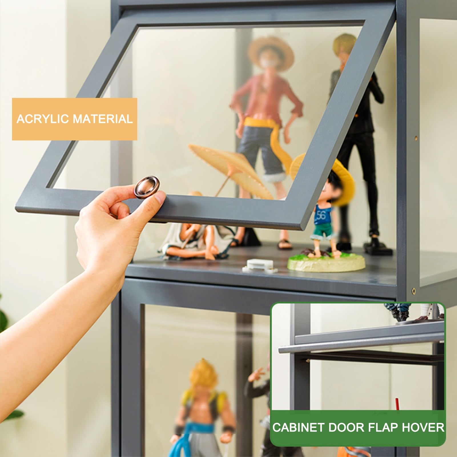 Vitrine mit Bambusablage, Acrylvitrine Glas für Sammlerstücke, Klapptür Curio Schrank Bodenstehendes Bücherregal
