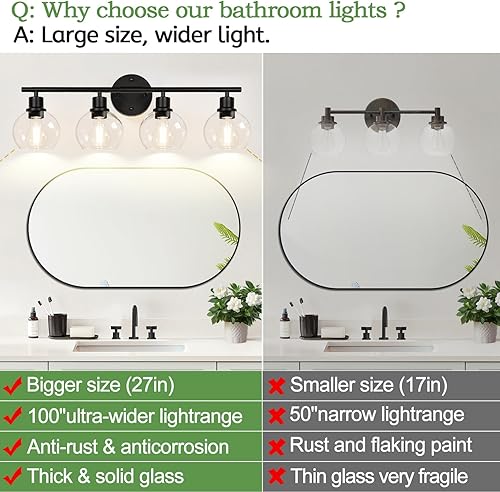 Miniatura 2 de Lámparas de baño de 4 luces actualizadas 2025, luces negras de baño sobre espejo con pantalla de globo de vidrio transparente, luces de tocador