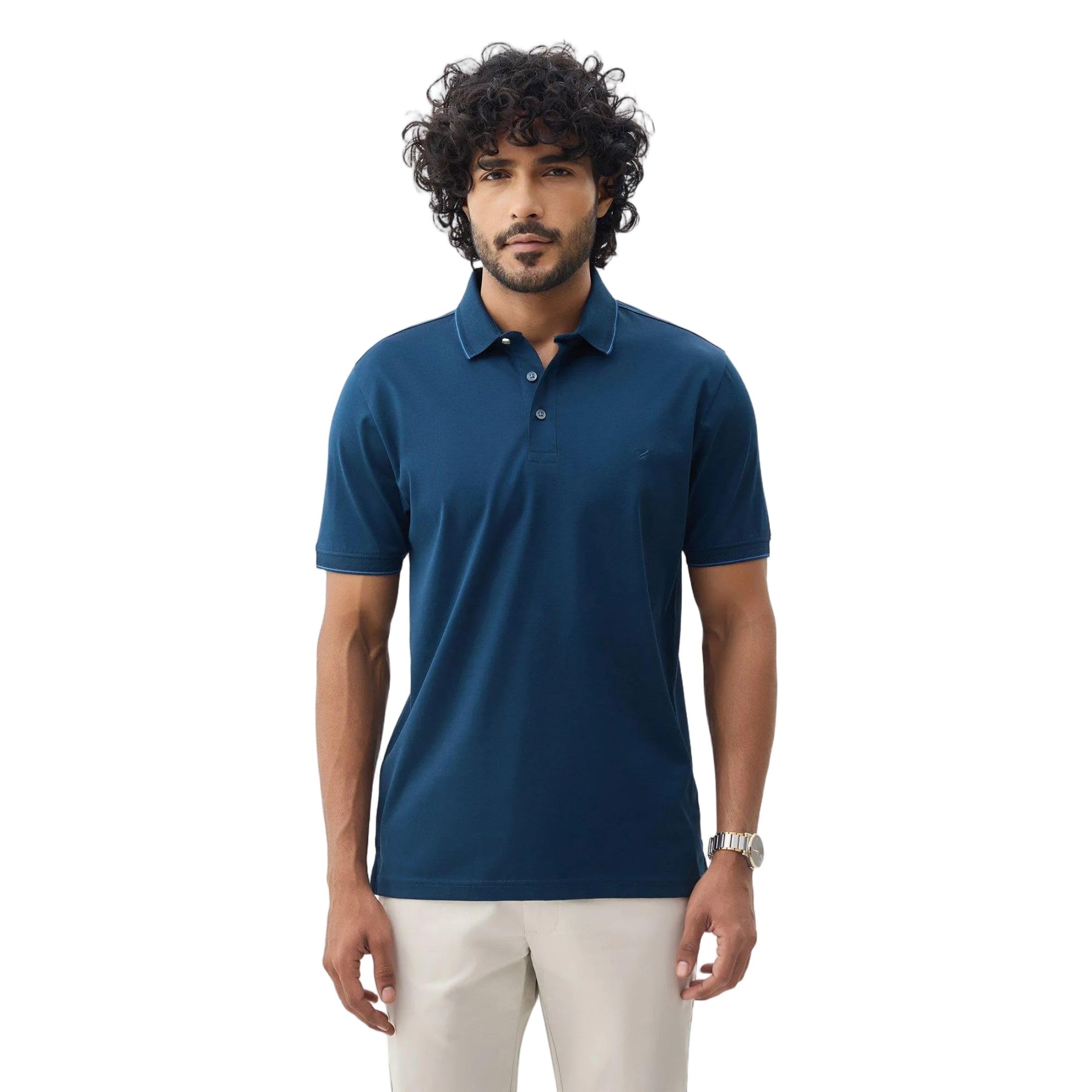 Blackberrys Men Solid Slim Fit Polo T-Shirt | 100% Cotton | Polo Neck Collar & Button Placket-image-2