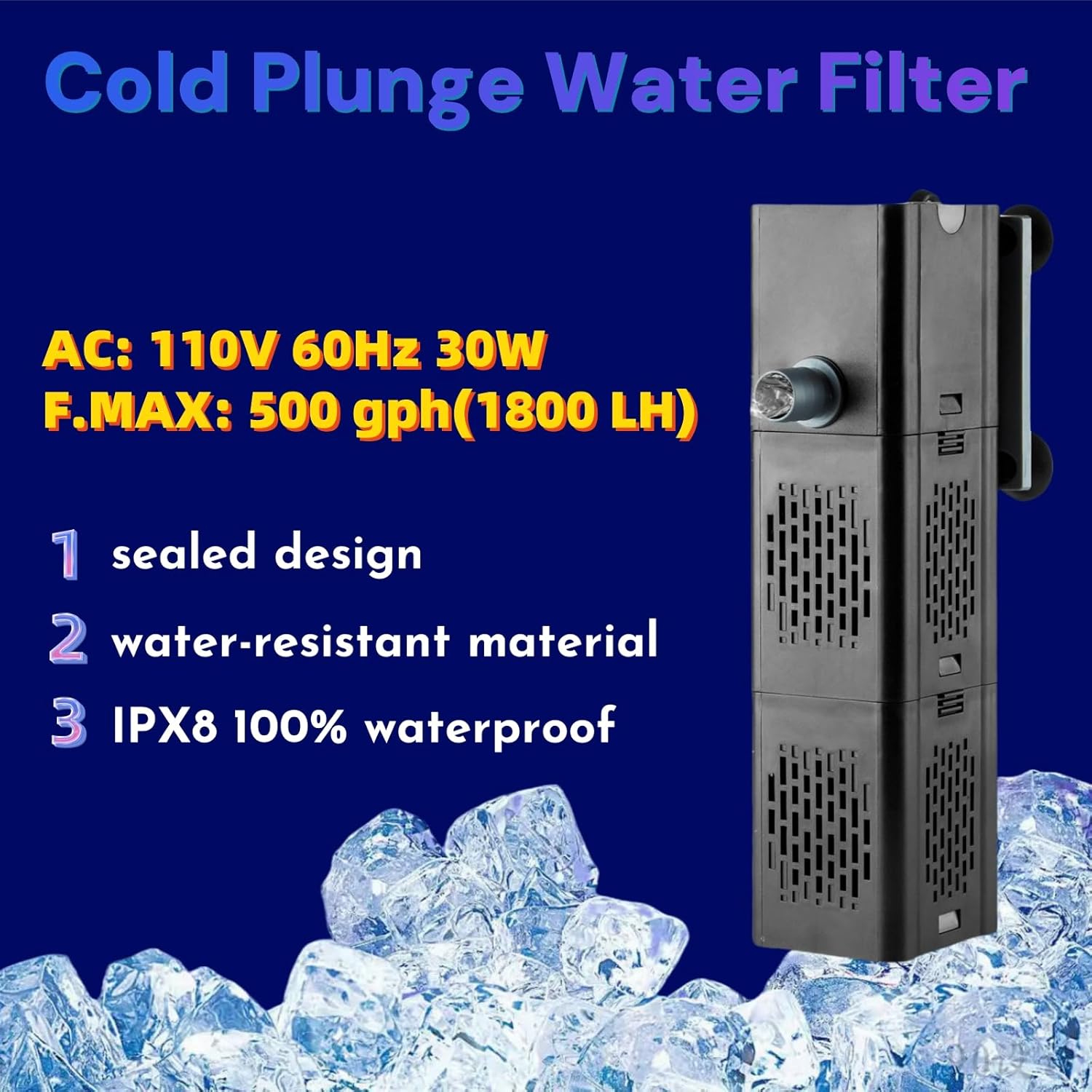 Cold Plunge Filter with 2 Water Flow Outlet, 500 GPH Small Pool Filter, Cold Pod Ice Bath Tub with Filter, Cold Plunge Accessories (Black)