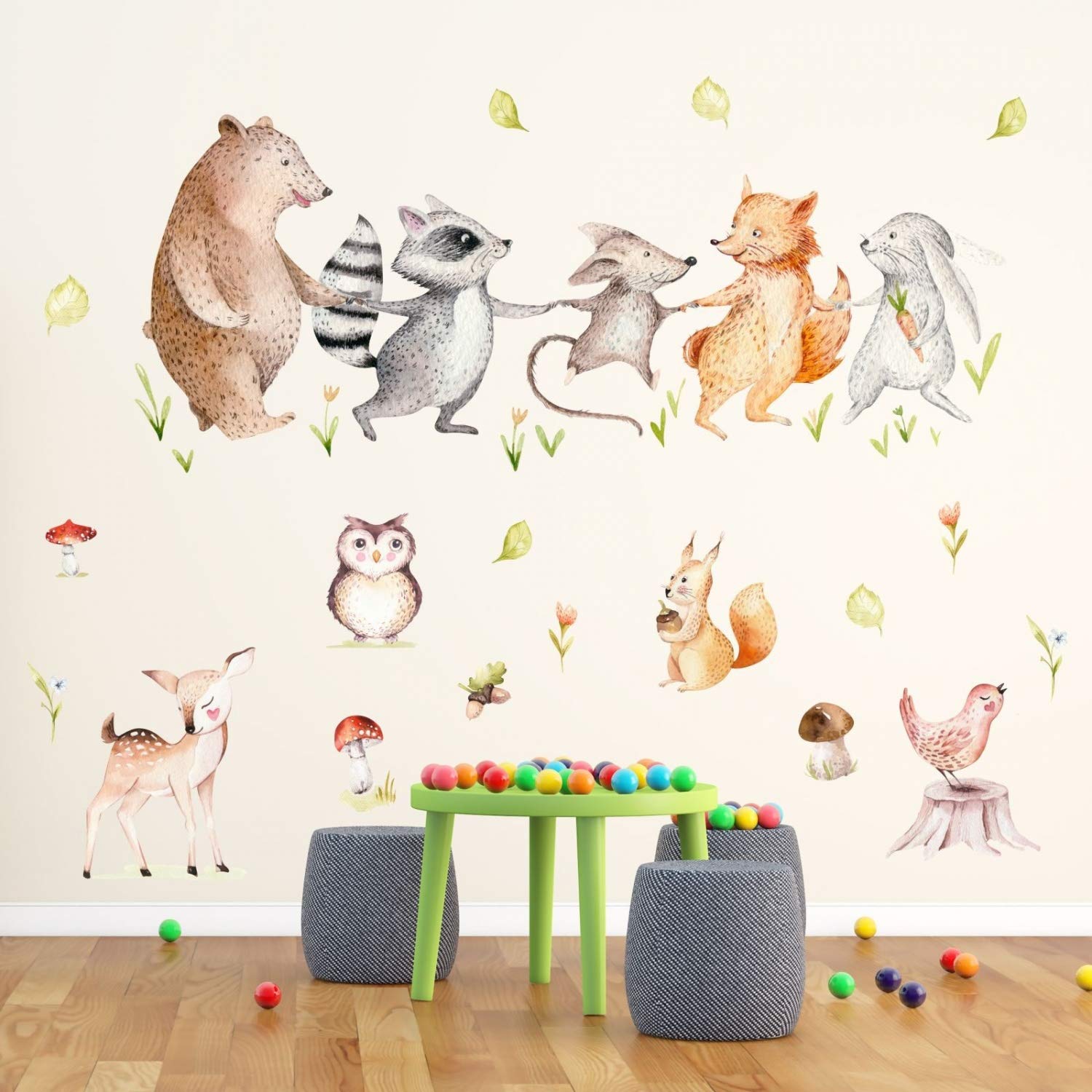 nikima Schönes für Kinder 160 adesivi da parete con orsetto forestale, topo, volpe, orso e coniglio, in 6 misure – decorazione da parete per cameretta dei bambini – Dimensioni: 2000 x 1120 mm