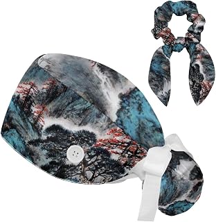 FVQL 2 Pieces Surgical Cap for Long Hair Scrub Cap with Hairband Nurse Cap, Mountain and Tree Landscape