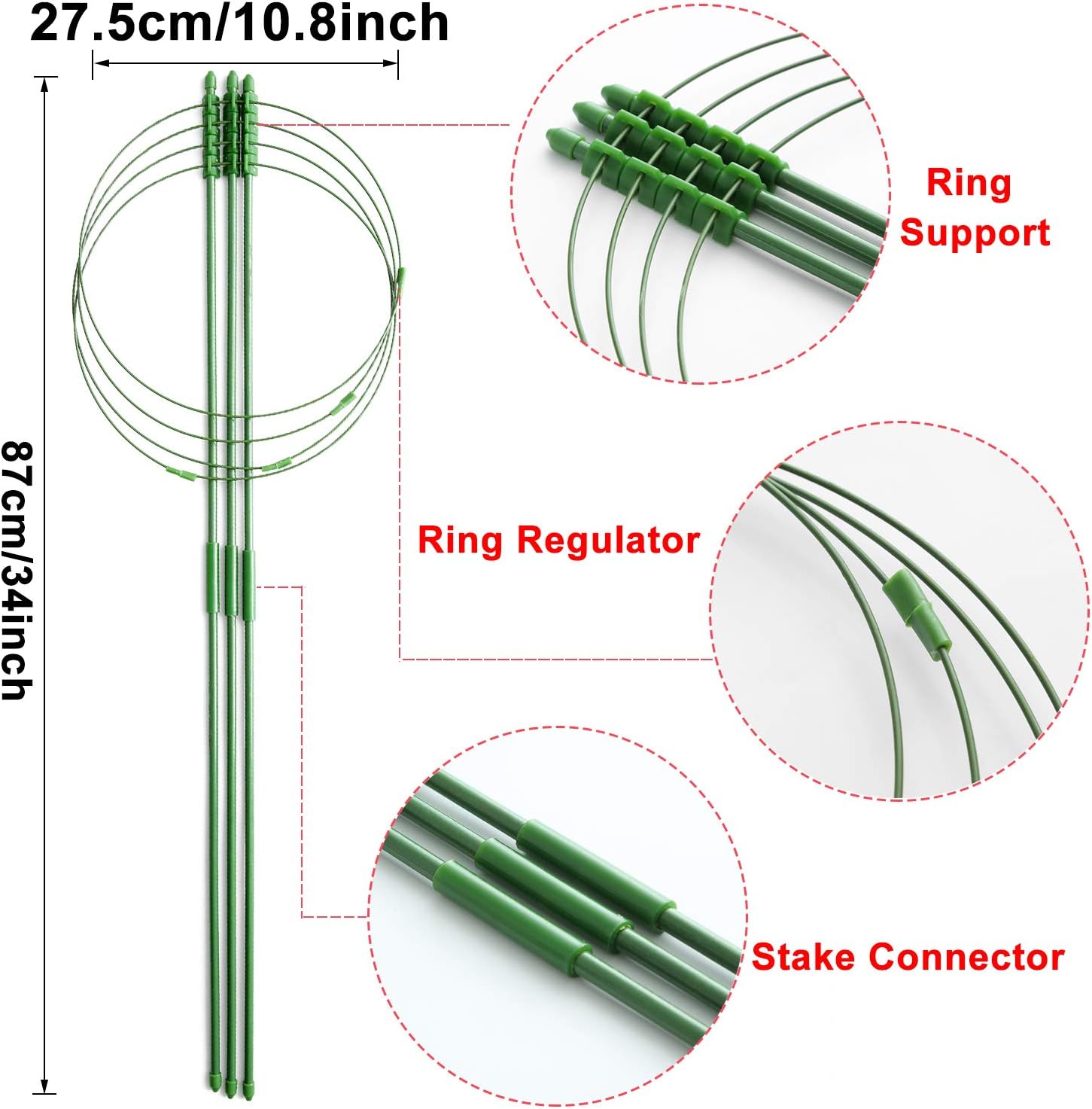 IronBuddy 34" Plant Support Cages Plant Stake with 4 Adjustable Ring Vine Tomato Potted Plant Support Plant Trellis Plant Cage for Garden Indoor Outdoor Plants, Pack of 3