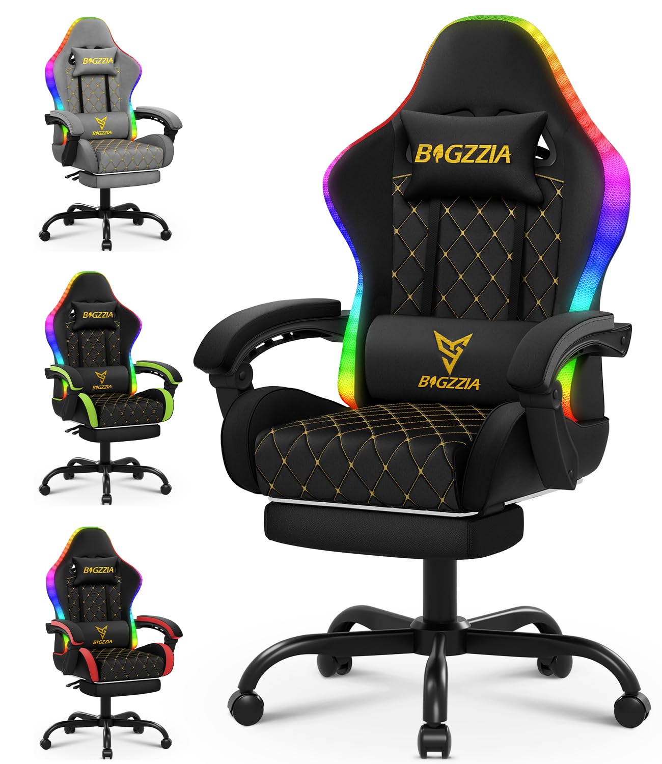 bigzzia Sedia Gaming con LED RGB, Sedia da Gaming Ergonomica con Supporto Lombare e Poggiapiedi, Sedie da Gioco Regolabile e Girevole con Una Capacità di Carico di 150 kg(Nero