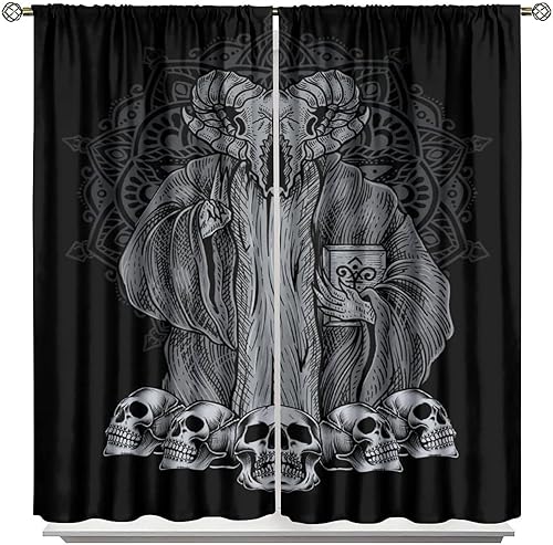 Vista 382 de Cortinas de cabeza de cabra, misteriosa cabeza de cabra malvada, calavera negra, bolsillo para barra, cortinas opacas para ventana, juego de 2