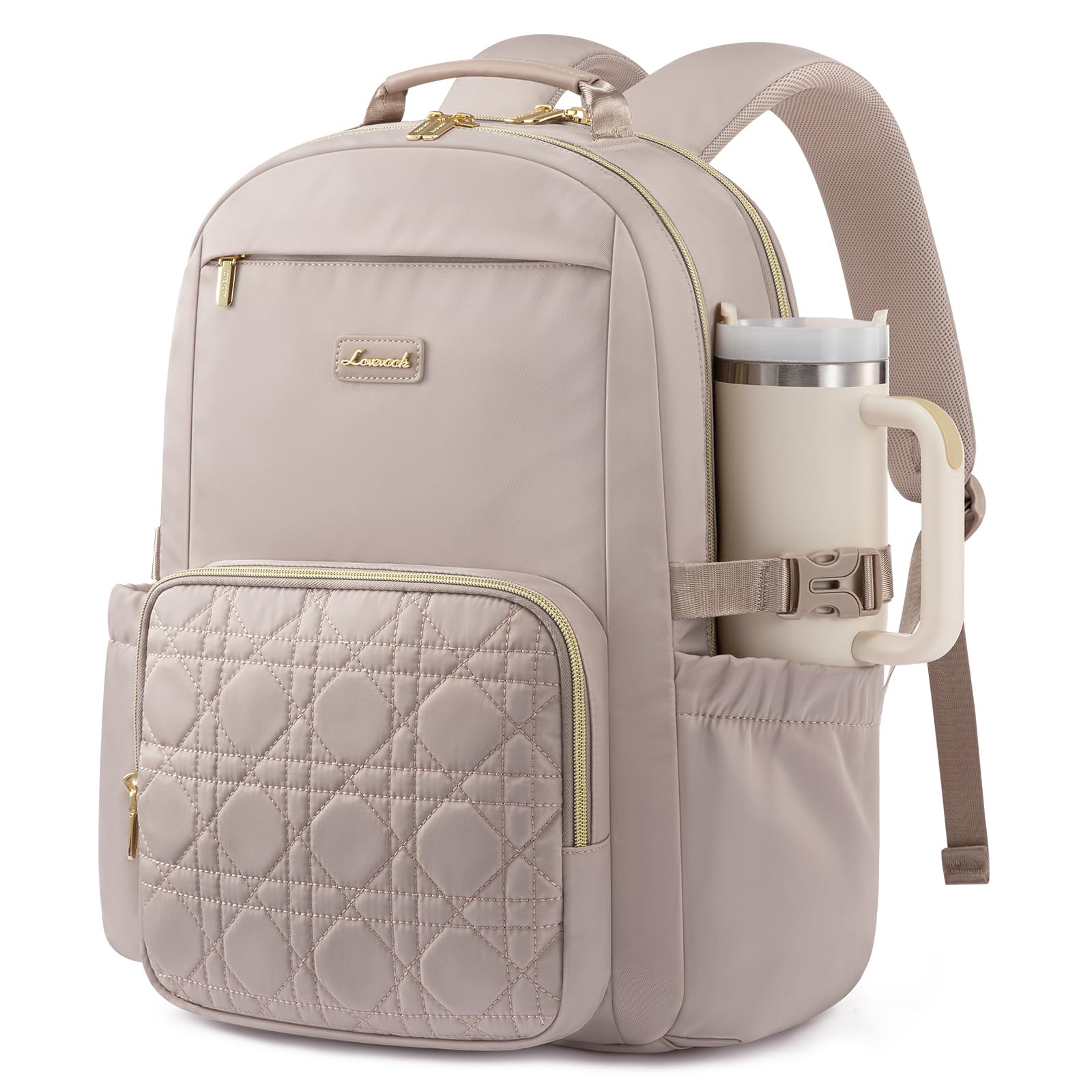 LOVEVOOK Laptop Backpack for Women with Pouch Pocket for Large Capacity Cup,15.6 Inch Teacher Nurse College Work Backpack Purse,Waterproof Laptop Bag Computer Back Pack for Travel, Nude+Wicker pattern
