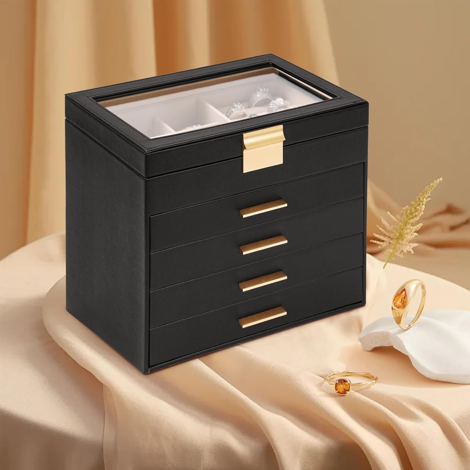 AKOZLIN 5-Tier Jewelry Box with Clear Glass Lid Functional Leather Jewelry Storage Organizer Case 4 Drawers for Women Girls Necklace Ring Bracelet Earring