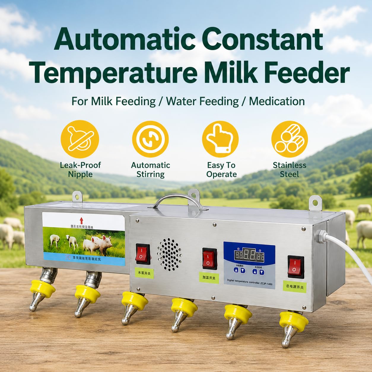 Automatyczny podajnik mleka dla prosiąt i jagnięcych, stal nierdzewna 6-strzykowa stacja do karmienia o stałej temperaturze z symulacją dźwięku