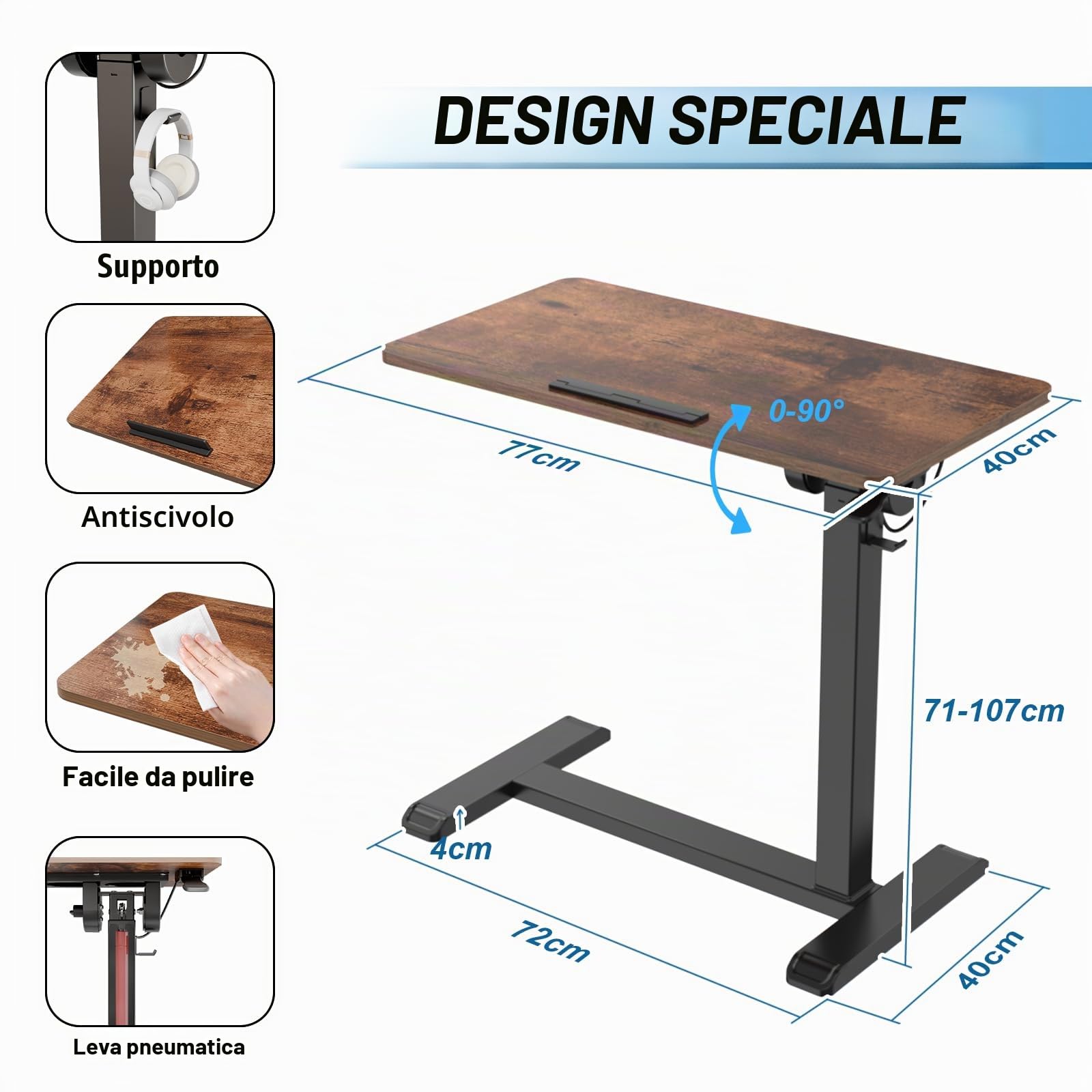 ETHU Tavolo da appoggio regolabile in altezza, 71-107 cm, per computer portatile con piano reversibile, tavolino mobile con ruote nascoste, 77 x 40 cm, per ufficio, soggiorno (marrone)