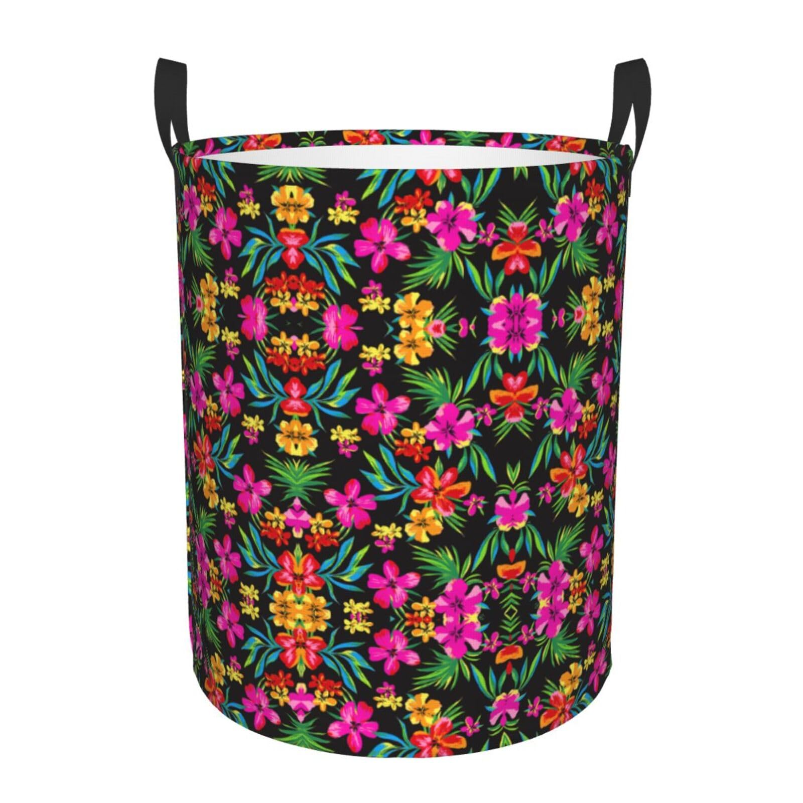 S Collapsible Round Hawaiian Flower Print Laundry Hamper