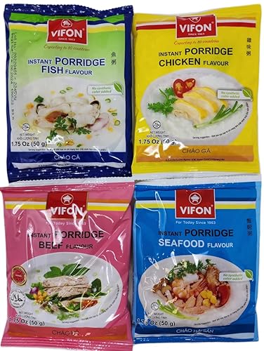 Vifon - Paquete variado de carne de res, pollo, mariscos y pescado, paquete variado de papilla vietnamita Chao Bo, Chao Ga, Chao Hai San y Chao Ca