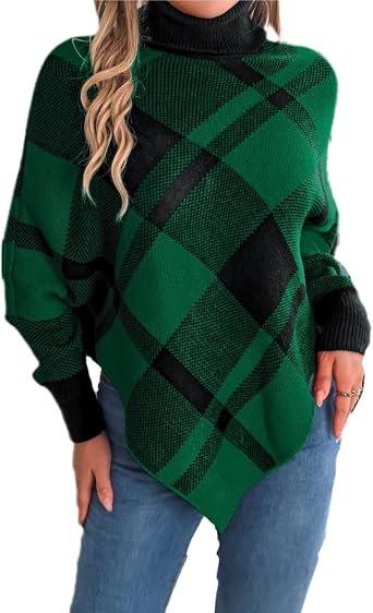 Women Turtleneck Poncho Sweaters Long Sleeve Cape Sweater Fall Winter Christmas Color Block Plaid Knit Pullover