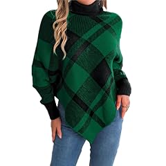 Women Turtleneck Poncho Sweaters Long Sleeve Cape Sweater Fall Winter Christmas Color Block Plaid Knit Pullover