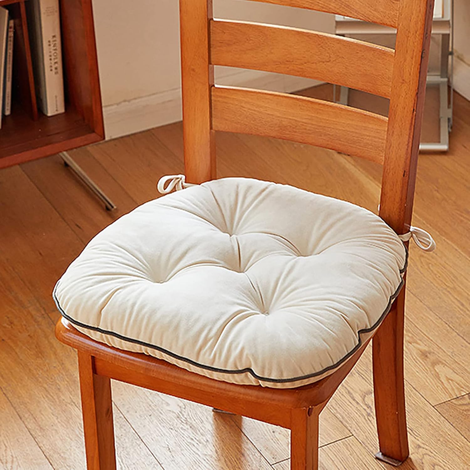 ZZenSmot Modern Simple Thicken Chair Pad Tufted Seat Cushion Soft Comfort Velvet Floor Pillow with Ties,Seat Pad Chair Cushion for Dining Chair-White 48x45cm(19x18inch)