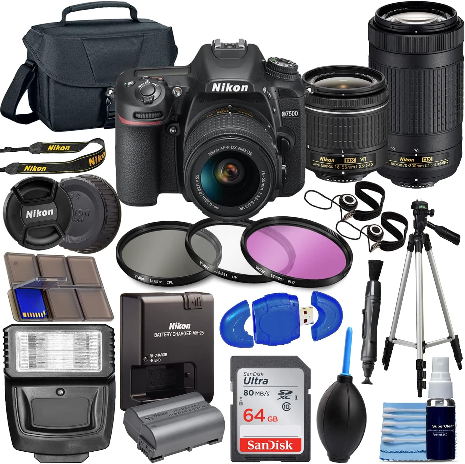 D7500 DX-Format Digital SLR w/AF-P DX NIKKOR 18-55mm f/3.5-5.6G VR Lens + AF-P DX 70-300mm f/4.5-6.3G ed Lens + 64GB Memory Card, TriPod, Flash, 3pc Filter Kit, Case, More, Black