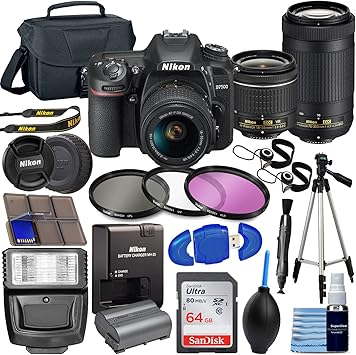 Nikon D7500 DX-Format Digital SLR w/AF-P NIKKOR 18-55mm f/3.5-5.6G VR Lens +P 70-300mm f/4.5-6.3G ed + 64GB Memory Card, TriPod, Flash, 3pc Filter Kit, Case, More, Black