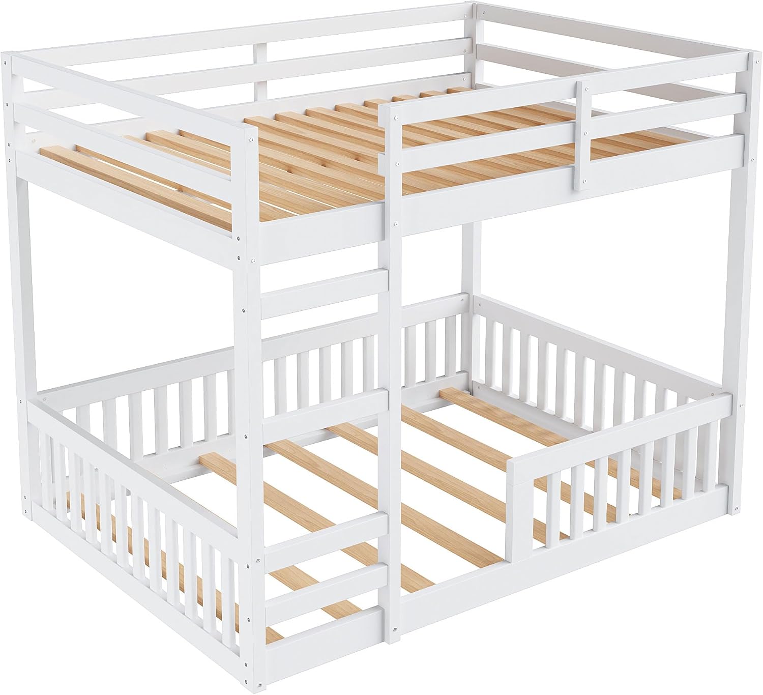 Bellemave Full Over Full Bunk Bed with Ladders Wood Bunk Beds with Full-Length Guardrails Floor Bunk Bed Frame for Kids, Boys, Girls, No Spring Box Needed, Pure White