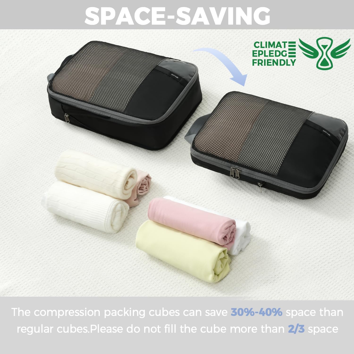 BAGAIL 4 Set/6 Set/8 Set Compression Packing Cubes Travel Accessories Expandable Packing Organizers (Half Mesh, 8-Jet Black) - Image 6