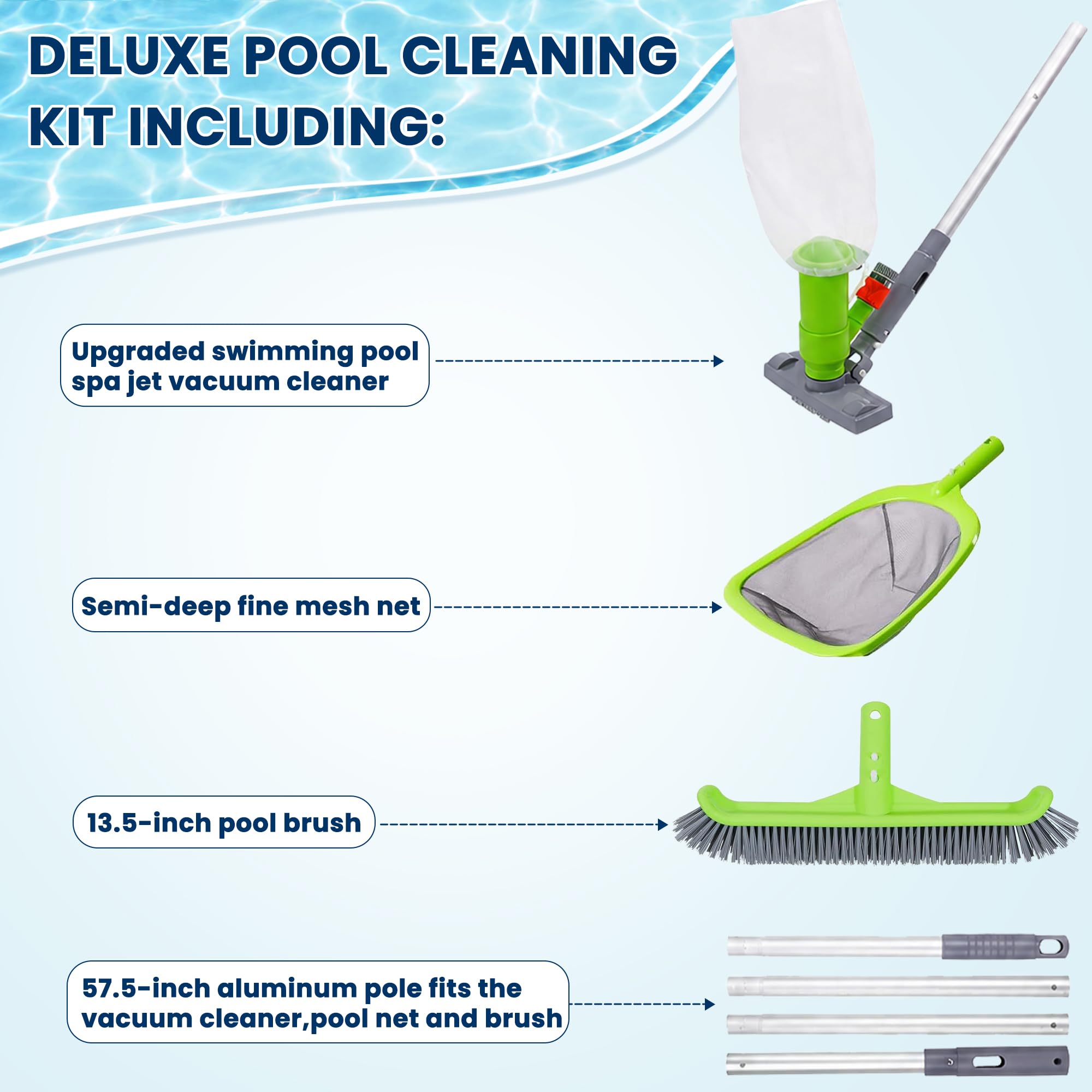 Sepetrel Deluxe-Schwimmbad-Reinigungsset mit Spa-Jet-Staubsauger, Bürste, halbtiefem Skimmernetz und verstellbarer 146,1 cm Stange, ideal für die Reinigung oberirdischer und aufblasbarer Pools