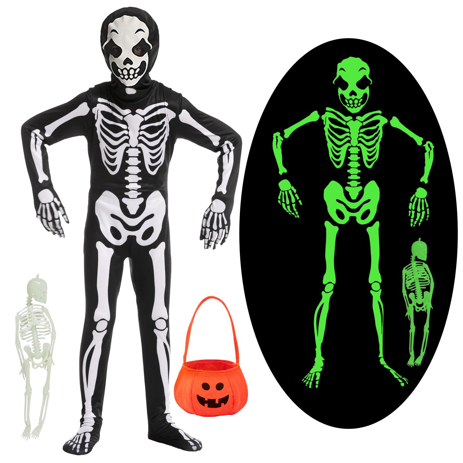 YADODO Skeleton Costume Kids Boys Girls 6-7 Glow in the Dark Skeleton Onesie Outfit Jumpsuit Kids Light up Suit with Bag Necklace Spooky Scary Halloween Skull Zombie Scream Costume for Boys Girls