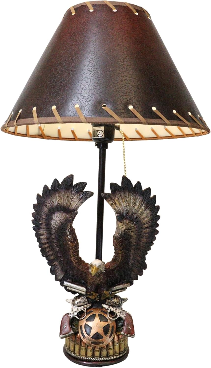 Ebros Gift Rustic Western Patriotic American Bald Eagle With Open Wings Perching On Crossed Revolver Pistols Lone Star And Bullet Rounds Desktop Table Lamp With Brown Faux Leather Laced Shade