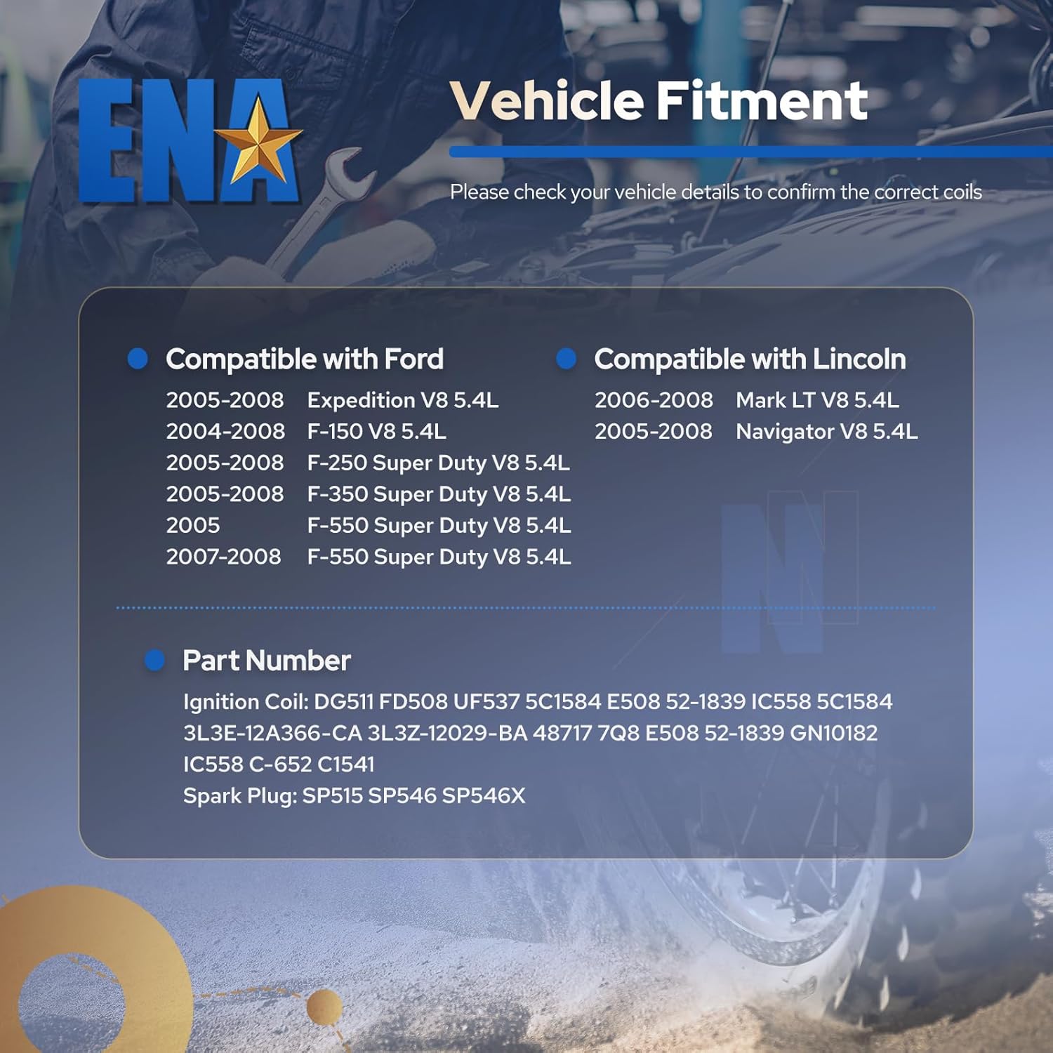 ENA Set of 8 Green Ignition Coil Pack Iridium Spark Plug Compatible with Ford Expedition F150 F250 F350 F450 F550 Super Duty Mark Navigator 5.4L 6.8L 2004 2005 2006 2007 2008 Replace# SP515 DG511