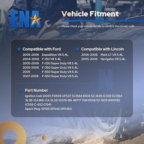 Miniatura 7 de ENA Juego de 8 bobinas de encendido verde, bujías de iridio compatibles con Ford Expedition F150 F250 F350 F450 F550 Super Duty Mark Navigator 5.4L