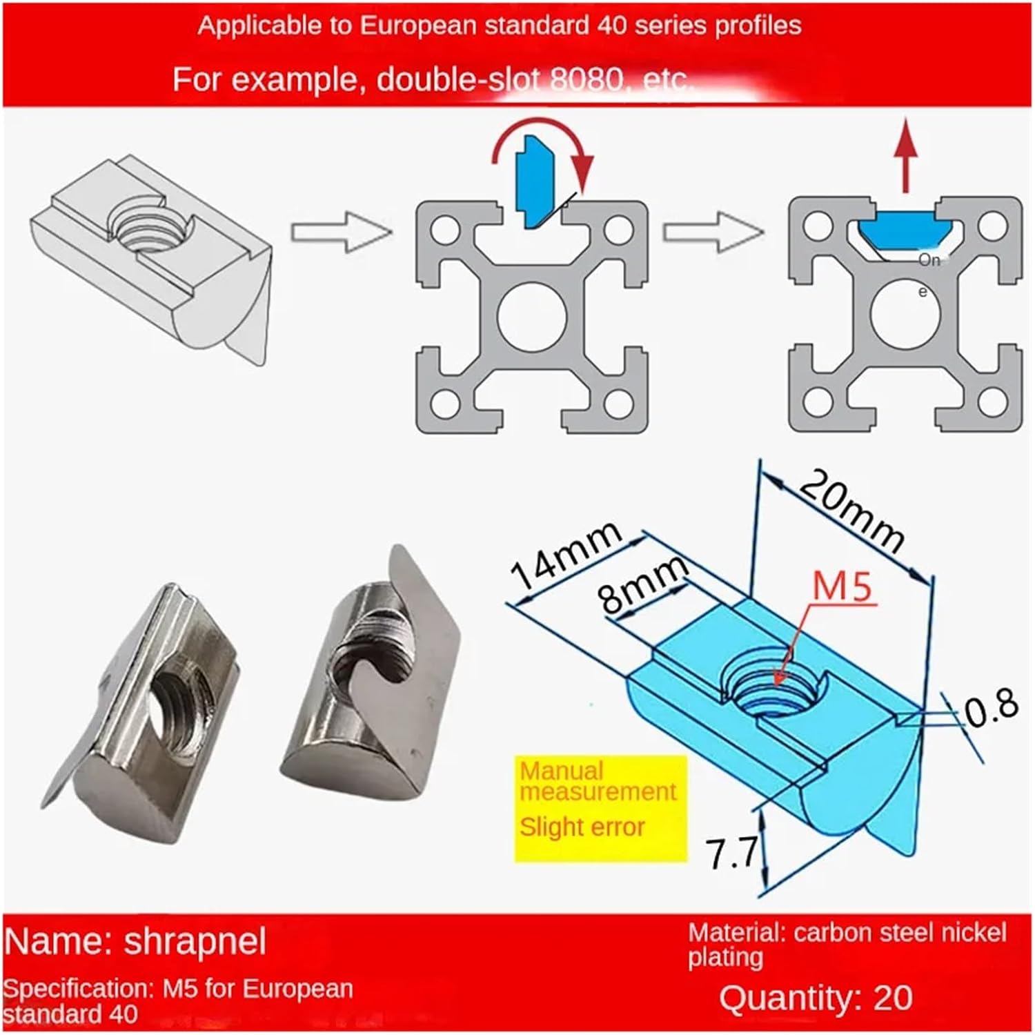 UAMOU 20pc M4 M5 M6 M8 Spring Nut Drop in Sheet T Nut Fit for 6mm Slot Aluminum Extrusion Profile 20020/3030/4040 Series Zinc Plate Coated Cheerfully (Color : 40s M5)