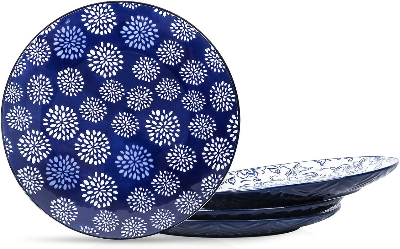 Selamica Salad Plates Set of 4, Embossed Dessert Plates, 8.5 Appetizer Plates Ceramic, Small Dinner Plates for Appetizer Pasta Snacks, Microwave Dishwasher Safe, Blue