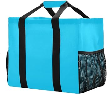 Reusable Grocery Bags Foldable Plain Bright Sky Blue Solid Color Shopping Bags, Heavy Duty Grocery Bags with Reinforced Bottom & Handles