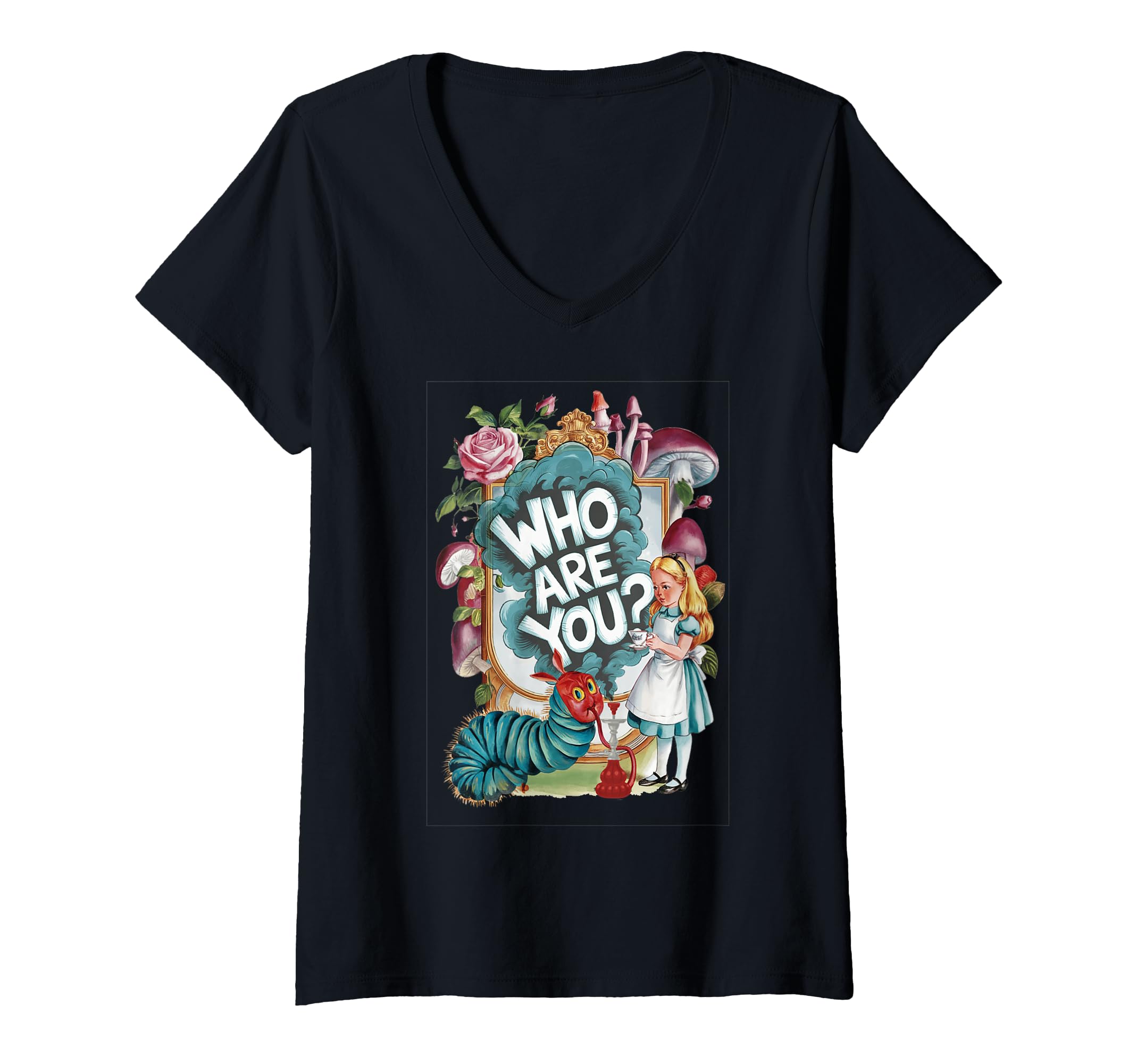 Womens Alice in Wonderland Caterpillar Book Nook Party V-Neck T-Shirt