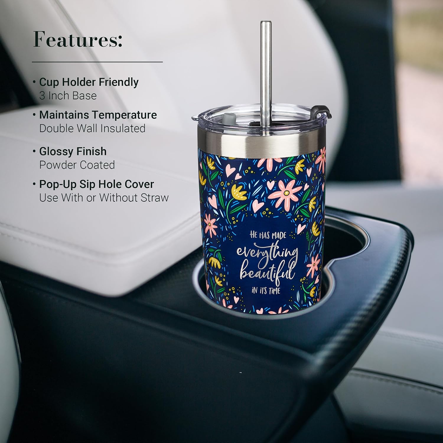 Christian Art Gifts Stainless Steel Double-Wall Vacuum Insulated Tumbler w/Straw & Lid 18 oz Navy Floral Inspirational Bible Verse Travel Mug for Women - Everything Beautiful - Ecc. 3:11