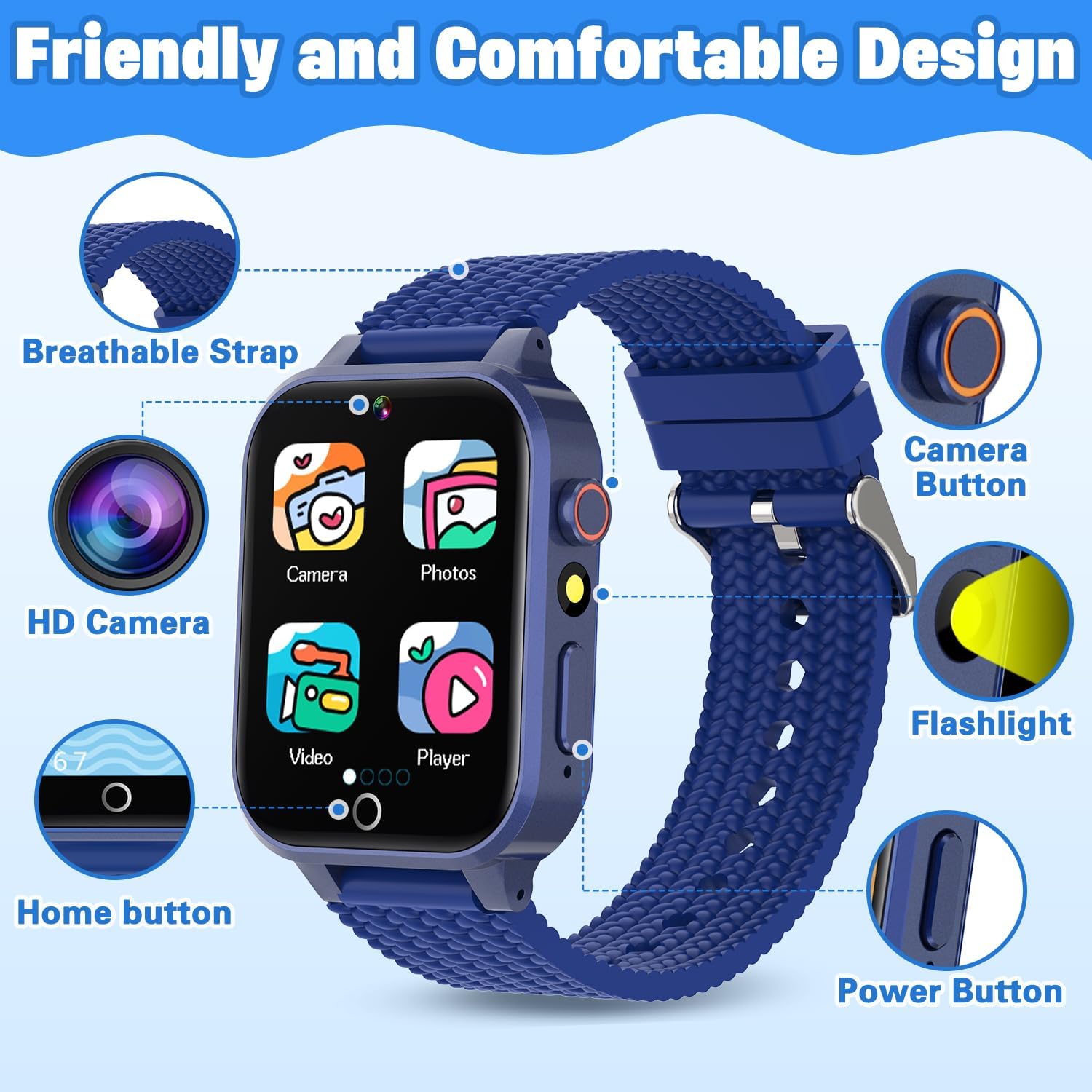 Kids Smart Watch for Boys Age 5-12, Kids Watch with 26 Games, Camera Music Player Pedometer Habit Tracking HD Touchscreen Flashlight Smart Watch for Kid Birthday Gifts for Boys Ages 6 7 8 9 (Blue)