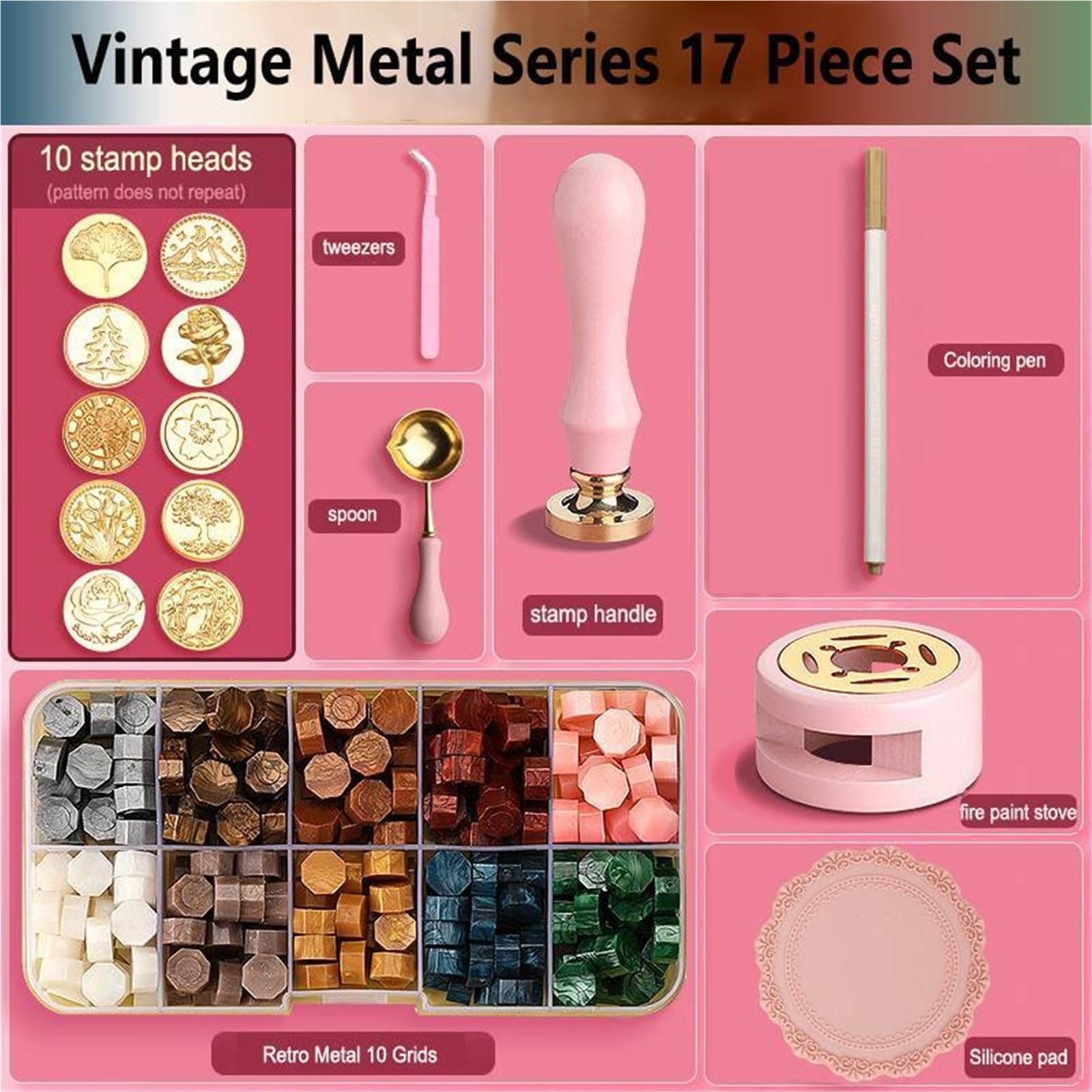 Ceralacca Set Di Timbri for Sigillo Di Ceralacca Kit Di Sigillatura Laccato | Forniture artigianali fai-da-te Scrapbooking Invito a nozze decorativo(Set 03-17pcs)