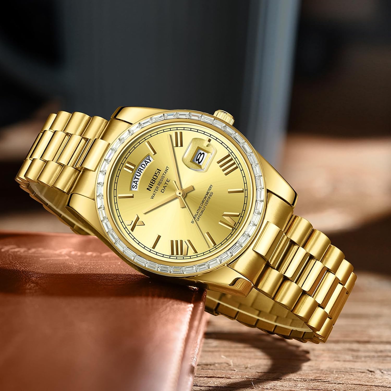 NIBOSI Men's Watches Analog Quartz Diamond Bezel Stainless Steel Dial Rose Gold Silver Watches for Men Waterproof Business Classic Dress Wrist Watch with Day Date - Image 4