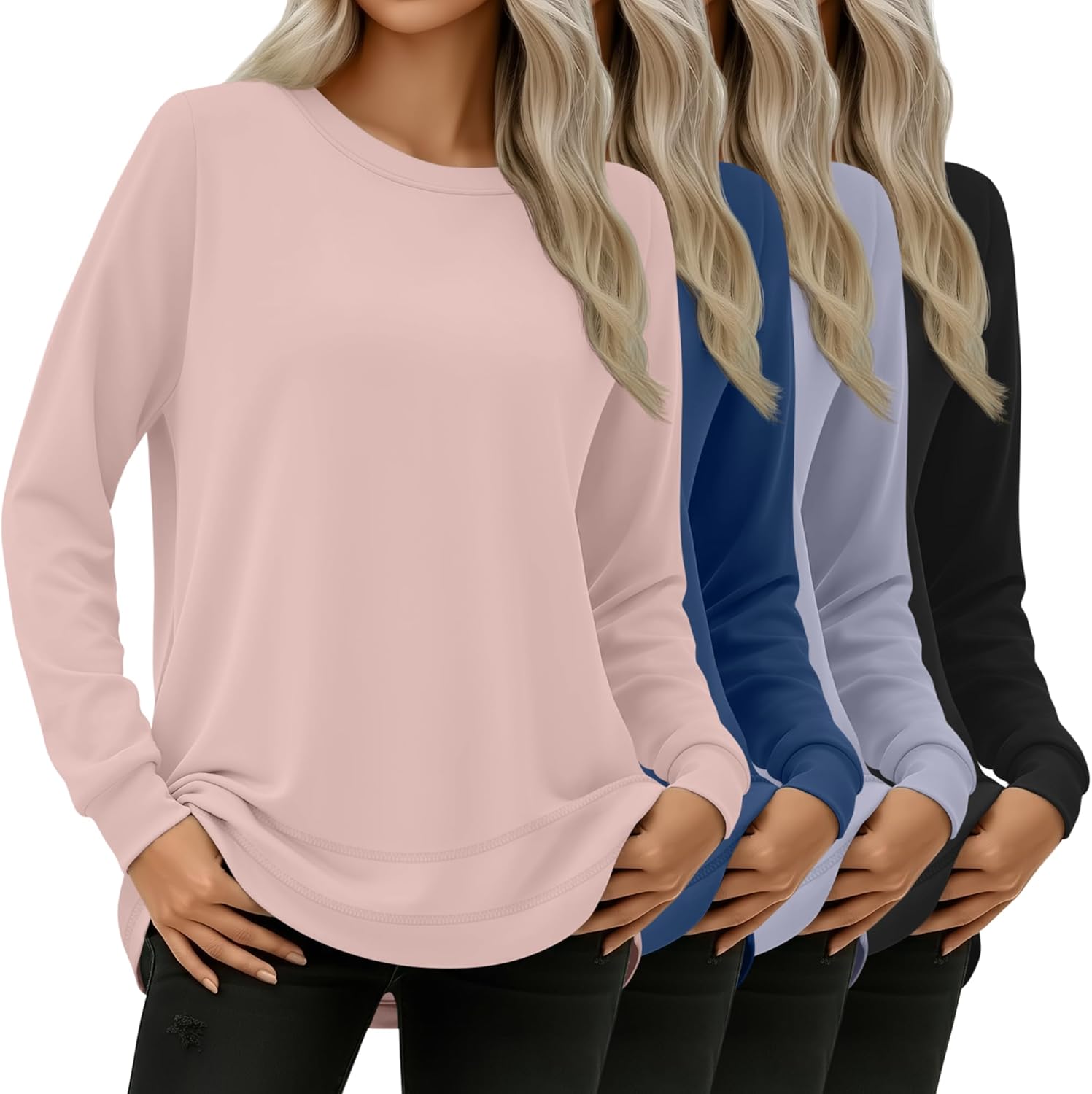 Oakgarden 4 Pack Women's Long Sleeve Sweatshirts, Crew Neck Cotton Tees Curved Hem Tunic Pullover Shirts Knit Loose Tops