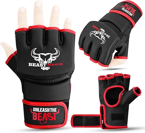 Miniatura 13 de BEAST RAGE Guantes de artes marciales para hombres y mujeres, guantes de artes marciales para combate, palma ventilada, cuero vegano, lucha en Negro