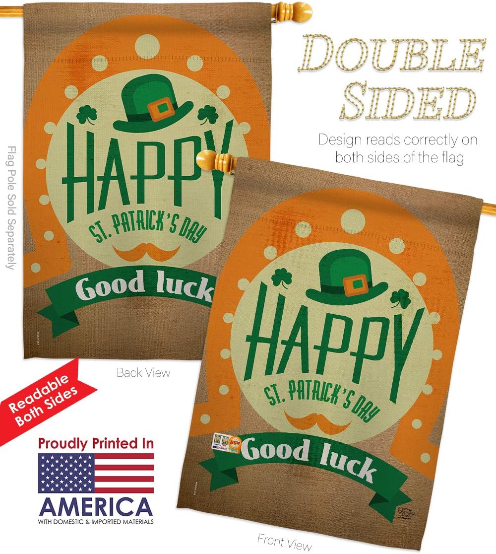 Good Luck St Patricks Day House Flag Springtime Patrick Shamrock Leprechaun Lucky Coin Holiday March Irish Clover Small Decorative Gift Yard Banner Double-Sided Made In USA 28 X 40