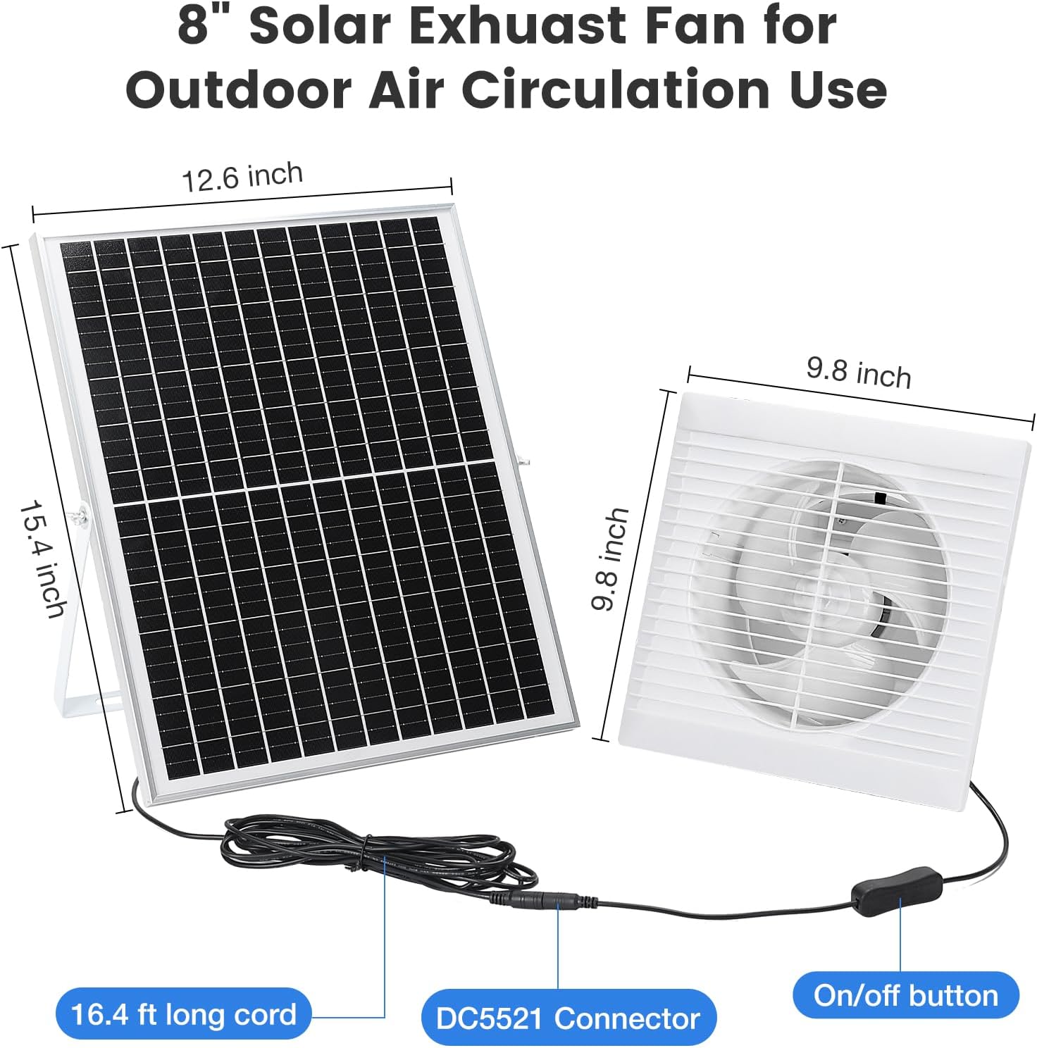 Fanspex Solar Exhaust Fan, Solar Powered Vent Fan Kit for Outside Greenhouse Shed Chicken Coop (8" Fan)