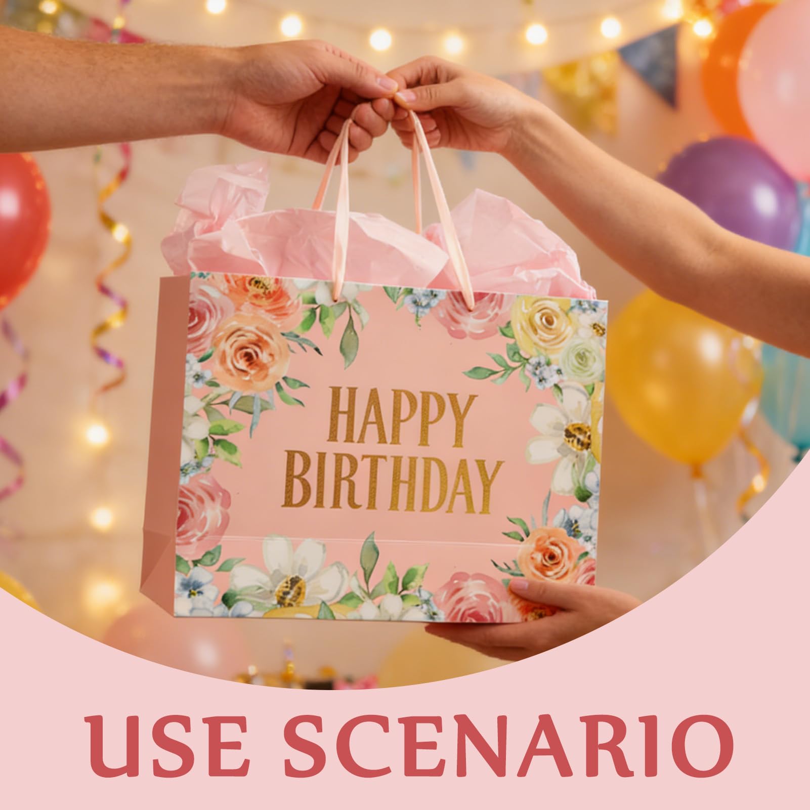 LUCTHY Large Birthday Gift Bag with Handles, 3 Tissue Papers, Card, Pink-1 - Image 5