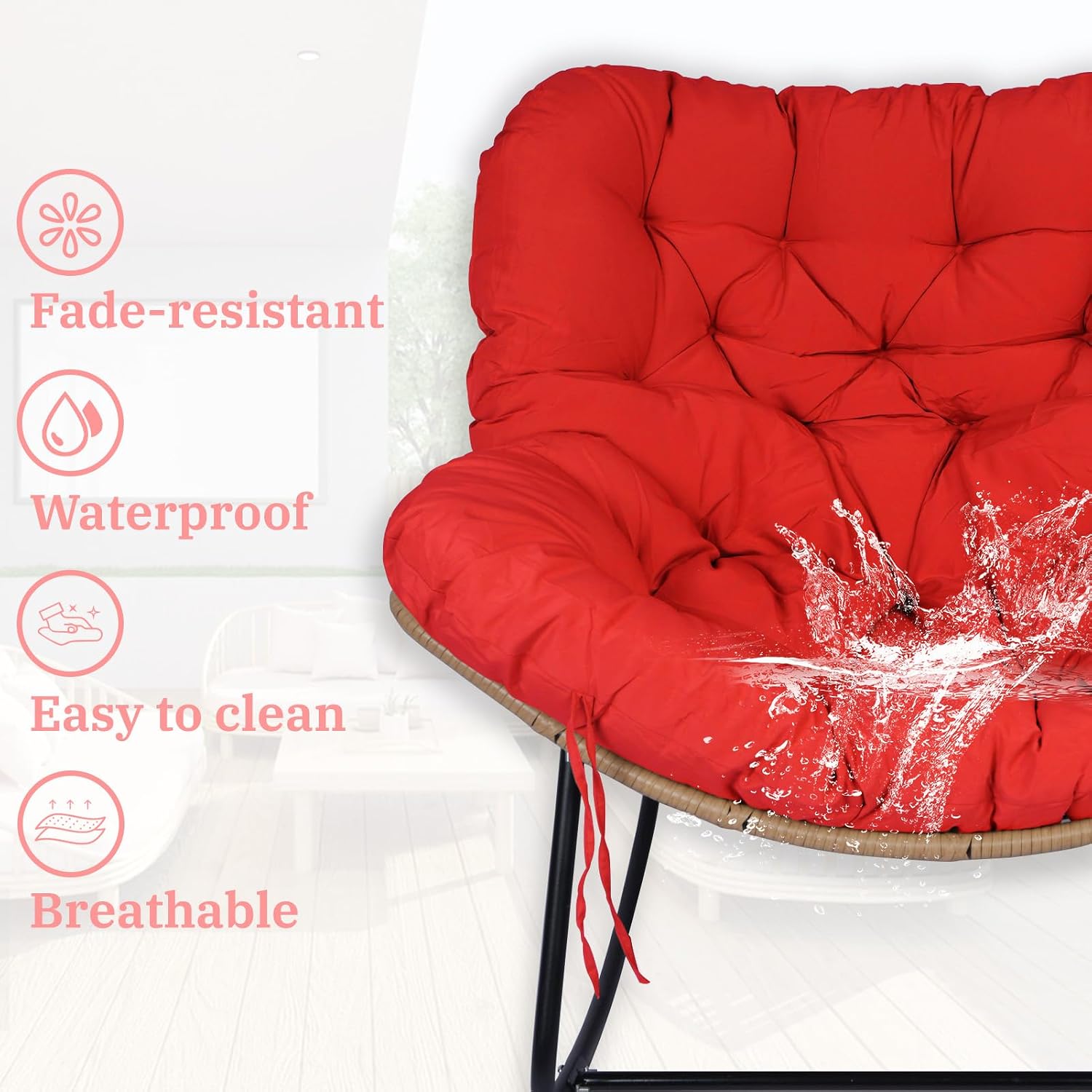 Outdoor Rocking Chair Cushions 6.3" Thick, Only Cushion, Waterproof, Fade-Resistant, Patio Egg Lounge Chair Cushion with 6 Straps, Indoor Papasan Chair Cushion (Red)
