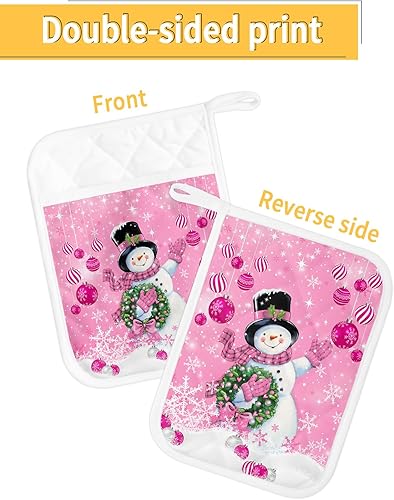 Miniatura 2 de Snowman Pink 3Pcs Pot Holders for Kitchen, Non Slip & Heat Insulation Terry Cloth Potholder Set with Pocket, Thick Hot Pad Oven Mitts Trivet Coaster