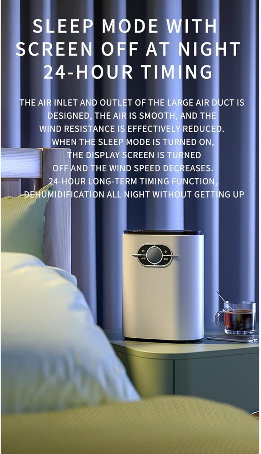 Dehumidifier operating in a bedroom at night with screen off