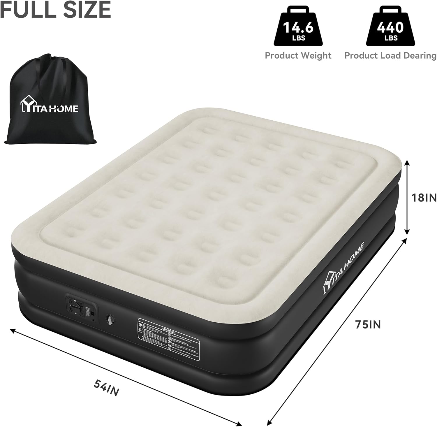 YITAHOME Full Air Mattress with Built-in Pump, 18-Inch Foldable Inflatable Bed with Carry Bag and Repair Patch, Deluxe Raised Air Mattress for Home, Travel, and Camping, Black