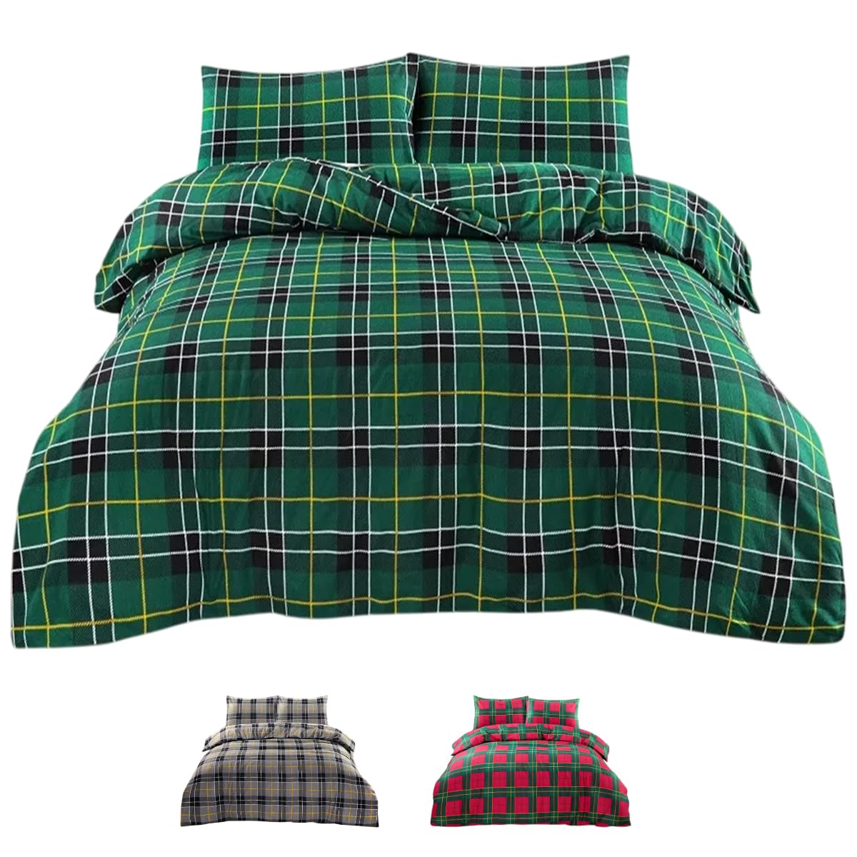 Rohi Luxury Tartan Check Thermal Brushed Cotton Double Duvet Cover Set with Pillowcases - 1x Double Bed Duvet Cover 200cm x 200cm & 2x Tartan Checked Pillowcases 50cm x 75cm (Green)