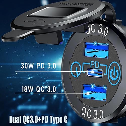 Miniatura 4 de Paquete de 2 enchufes PD tipo C para cargador de automóvil y carga rápida dual 3.0 puertos de aluminio, 60 W USB C triple 12 V enchufe USB de