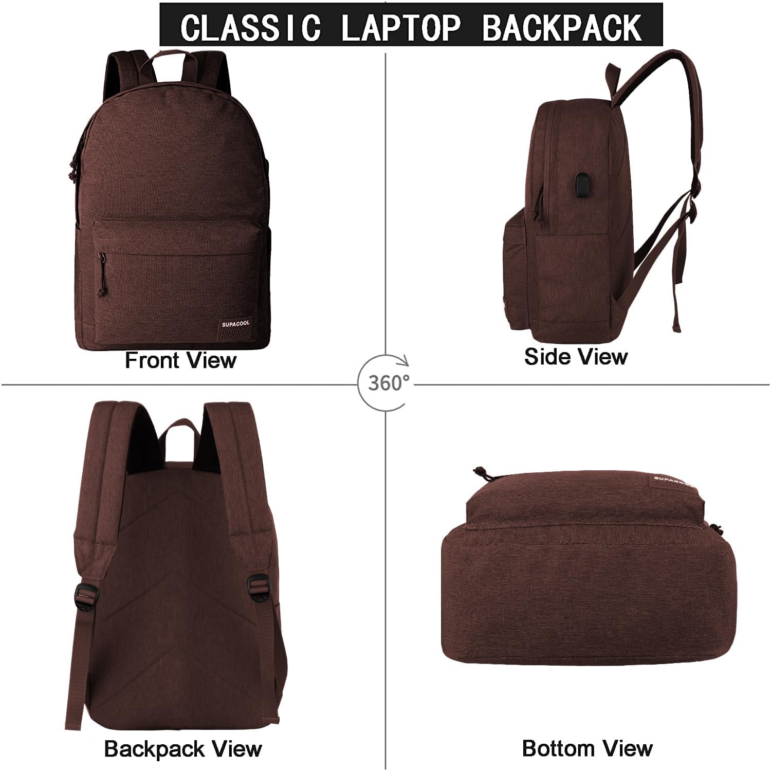SUPACOOL Casual Laptop Backpack for Men and Women, Pencil Pouch, School Backpack with USB Charging Port, Bookbag for Boys and Girls(Coffee set)