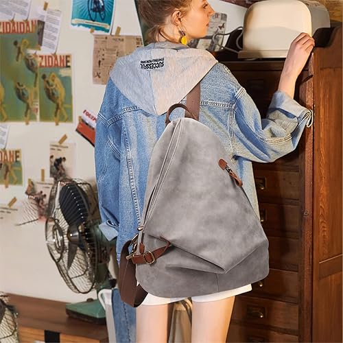 Miniatura 7 de KL928 Mochila vintage de lona  Mochila grande informal para viajes al aire libre, mochila de senderismo para hombres y mujeres, 6882-PU-Leaden